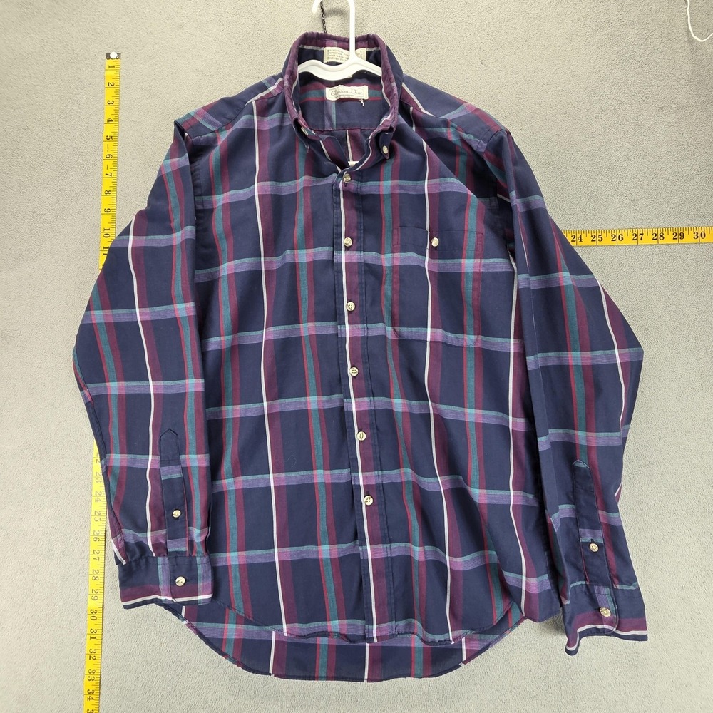 Vintage Christian Dior Shirt Mens Large Blue Plaid Long Sleeve Button Down